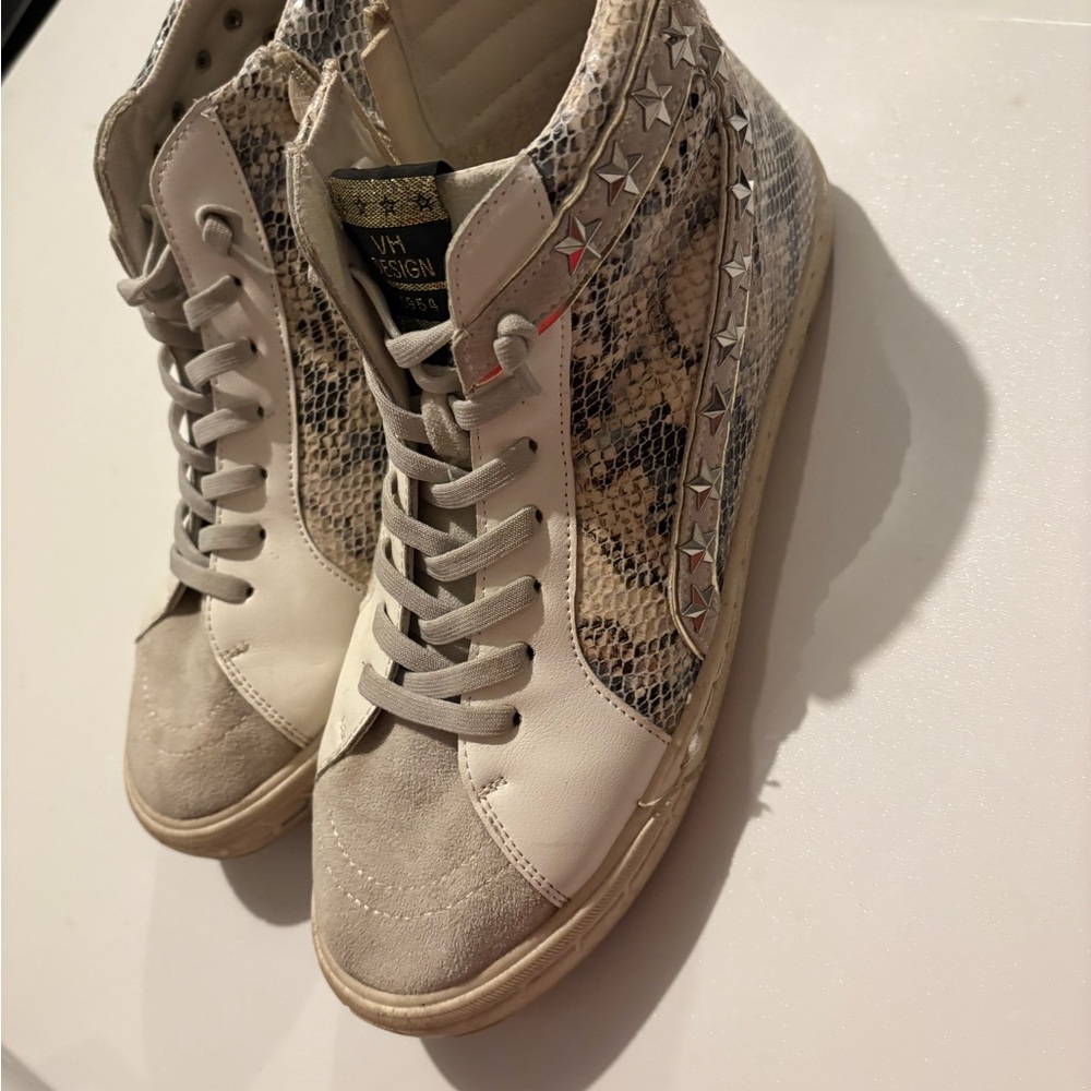 White and Gray High-Top Sneakers with Snakeskin Detail